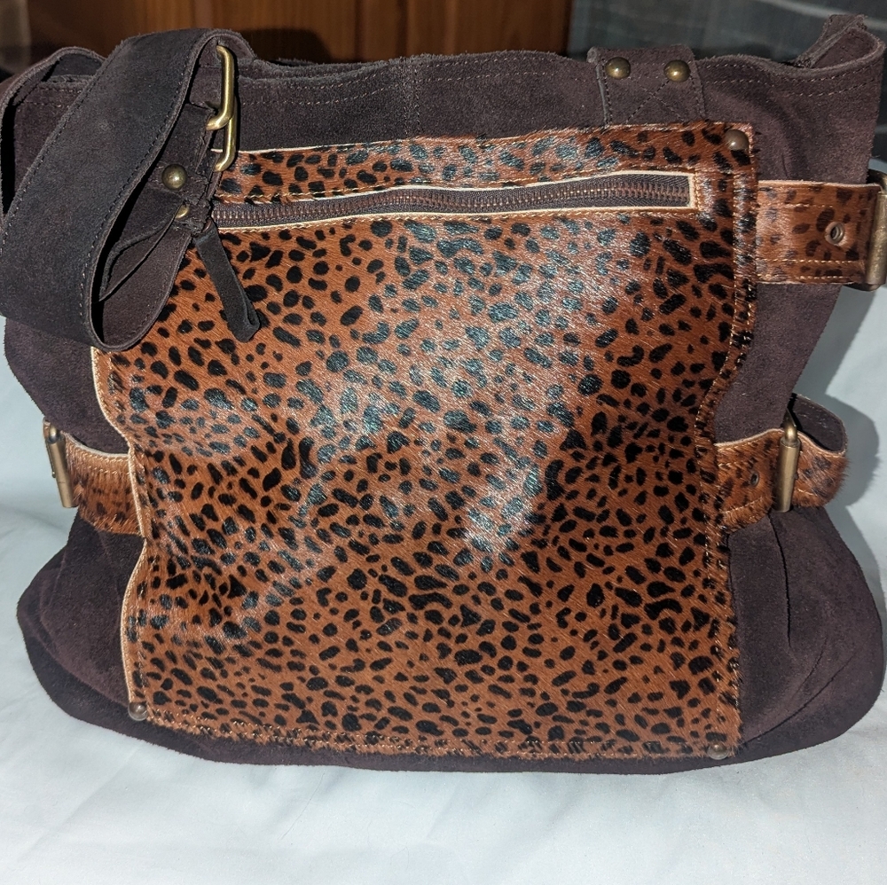 Vintage Y2K Boho Brown Suede Shoulder Bag with Calf Hair Leopard-Print Front